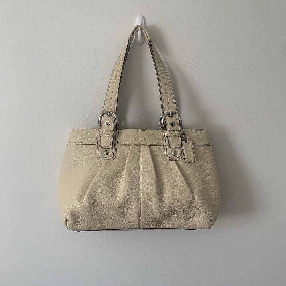 Coach F113-7333 Ivory Pebbled Leather Pleated Tote Shoulder Bag Pink Lining